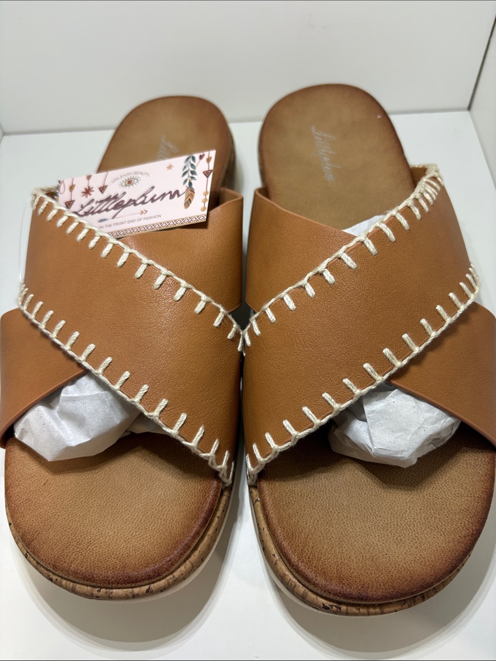 Women's Tan Cross‑Band Slide Sandals with Contrast Stitching